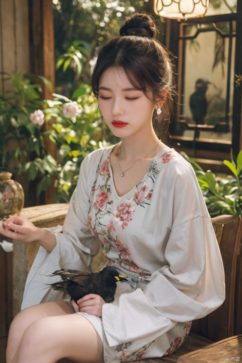 masterpiece, best quality, 1girl, solo, black hair, hair ornament, long sleeves, dress, jewelry, sitting, closed mouth, closed eyes, earrings, wide sleeves, necklace, hair bun, makeup, bird, facial mark, chinese clothes, single hair bun, branch, red lips, crow, updo, bird on hand,