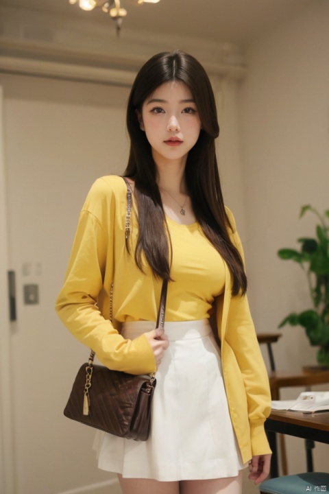 best quality, masterpiece, ultra high res,1girl, big breast, looking at viewer,pure color background,1girl, solo, looking at viewer, skirt, brown hair, shirt, brown eyes, standing, jacket, indoors, medium hair, blurry, lips, blurry background, formal, yellow shirt, handbag, realistic, takei film