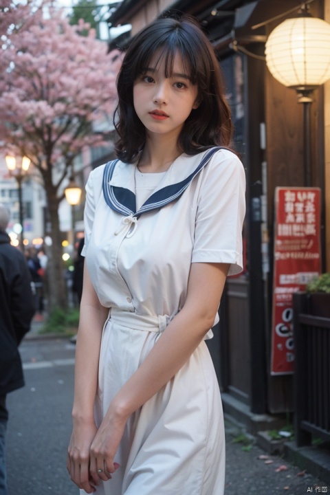 masterpiece, best quality, ultra high res; a slender, busty, and seductive woman in a crisp sailor uniform, emphasizing curves and intricate details; set within a vintage Japanese street scene at twilight, with cherry blossoms and lanterns illuminating her presence; the atmosphere evokes a blend of sultry sophistication and nostalgic whimsy, captured through a dramatic low-angle shot with a shallow depth of field that accentuates her gaze and form, harmoniously framing her against the traditional backdrop.