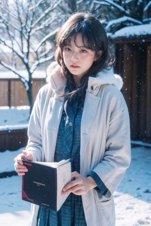 cowboy_shot,huge filesize,traditional_media,1girl,teenager,shinda_sekai_sensen_uniform,glamor,black eyes,silver hair,crying_with_eyes_open,light_blush,open_book,in winter,snowing,rim light,available light,fantasy,,,