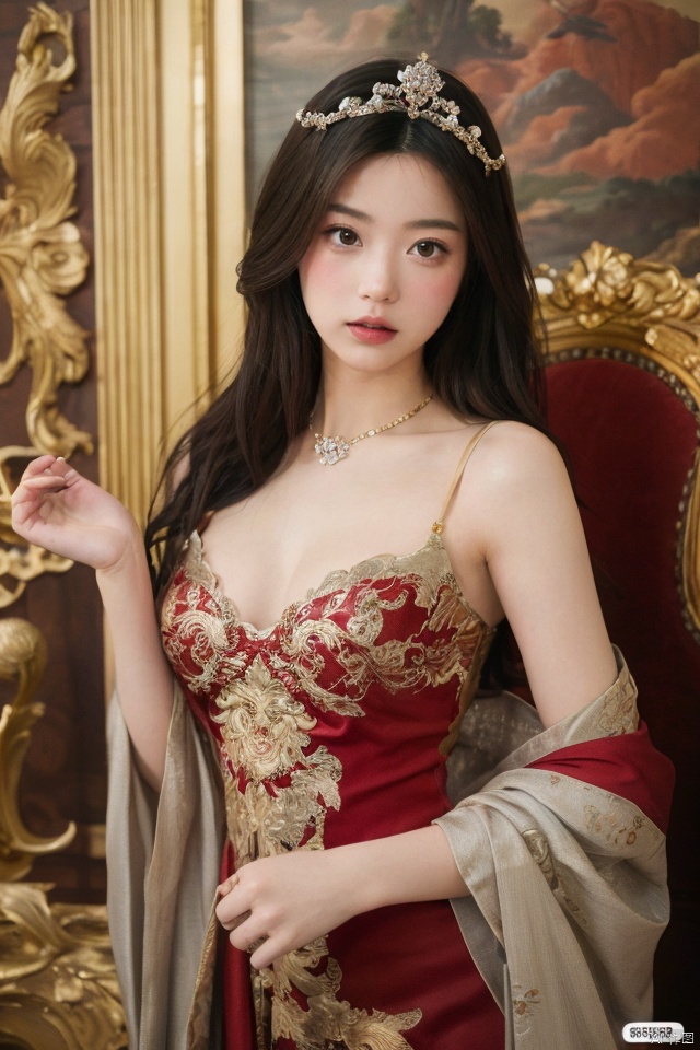 masterpiece, best quality, ultra high res, a slender, seductive Eastern beauty adorned in imperial phoenix crown and rosy clouds wedding attire, accentuating her ample bosom; poised elegantly on a red carpet leading to an ornate palace throne room, with golden dragon motifs, intricate carvings, and rich tapestries adorning the walls; evoking a regal ambiance filled with allure, captured through a dramatic low-angle shot that highlights her majestic presence, skillfully framing her against the opulent backdrop while applying soft focus techniques to emphasize the luxurious textures and detail of her attire, lit with warm tones to enhance the overall sense of grandeur and mystique., takei film