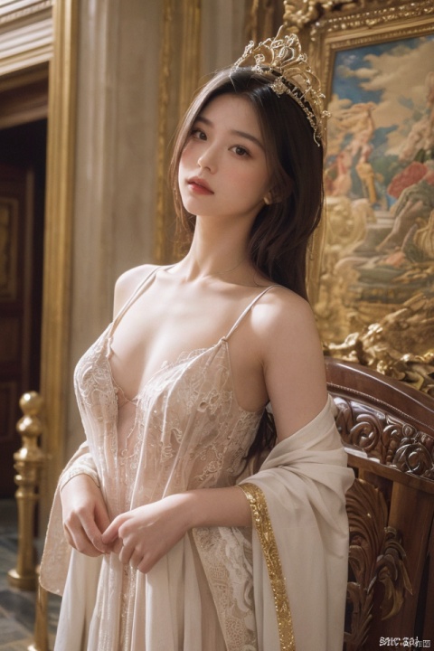 masterpiece, best quality, ultra high res, a slender, seductive Eastern beauty adorned in imperial phoenix crown and rosy clouds wedding attire, accentuating her ample bosom; poised elegantly on a red carpet leading to an ornate palace throne room, with golden dragon motifs, intricate carvings, and rich tapestries adorning the walls; evoking a regal ambiance filled with allure, captured through a dramatic low-angle shot that highlights her majestic presence, skillfully framing her against the opulent backdrop while applying soft focus techniques to emphasize the luxurious textures and detail of her attire, lit with warm tones to enhance the overall sense of grandeur and mystique.