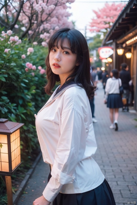 masterpiece, best quality, ultra high res; a slender, busty, and seductive woman in a crisp sailor uniform, emphasizing curves and intricate details; set within a vintage Japanese street scene at twilight, with cherry blossoms and lanterns illuminating her presence; the atmosphere evokes a blend of sultry sophistication and nostalgic whimsy, captured through a dramatic low-angle shot with a shallow depth of field that accentuates her gaze and form, harmoniously framing her against the traditional backdrop.