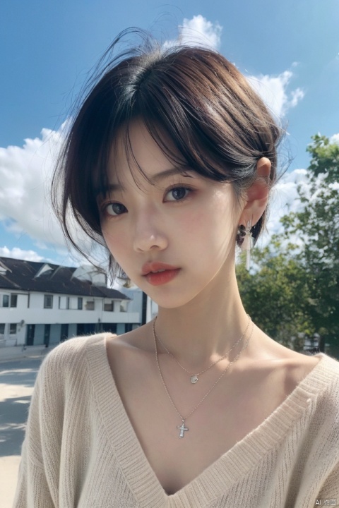  best quality,masterpiece,ultra high res,looking at viewer,simple background,portrait (object),
1girl, solo, looking at viewer, short hair, black hair, jewelry, upper body, earrings, outdoors, sky, day, necklace, black eyes, sweater, blue sky, lips, cross, messy hair, realistic