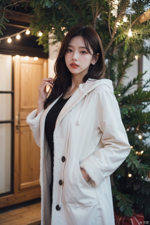 best quality, masterpiece, ultra high res,1girl, big breast,, looking at viewer,pure color background。
1girl, solo, long hair, looking at viewer, brown hair, black hair, hair ornament, jewelry, earrings, outdoors, hairclip, hood, necklace, lips, coat, fur trim, christmas, hand in pocket, white coat, christmas tree. film1, film1