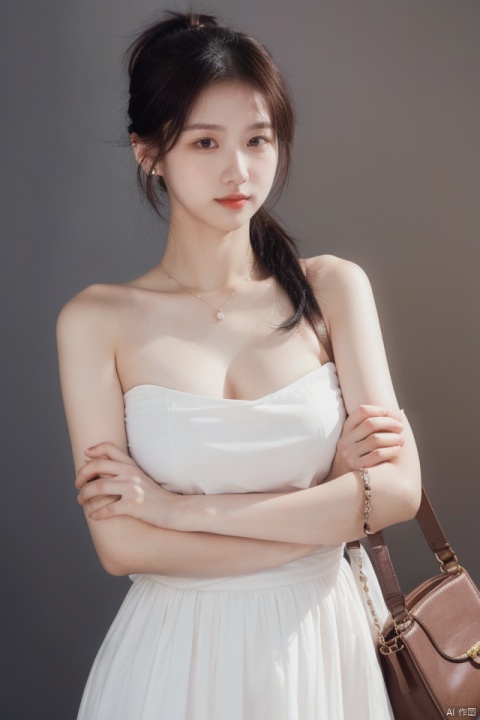
best quality,masterpiece,ultra high res,looking at viewer,simple background,portrait (object), gigantic_breasts,
1girl, solo, looking at viewer, brown hair, black hair, dress, bare shoulders, jewelry, ponytail, earrings, necklace, bag, crossed arms, handbag, realistic