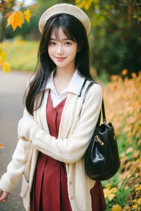 best quality,masterpiece,ultra high res,1girl,looking at viewer, 1girl,skirt,sailor collar,holding,smile,pleated skirt,hat,school uniform,solo,camera,long hair,off shoulder,shirt,bag,brown eyes,blurry,:d,bangs,serafuku,black sailor collar,holding camera,black skirt,autumn leaves,white headwear,white shirt,leaf,long sleeves,open clothes,open mouth,puffy long sleeves,blush,looking at viewer,ginkgo leaf,animal,blurry foreground,depth of field,cardigan,animal on shoulder,squirrel,blurry background,bow,beret,brown hair,black bow,puffy sleeves,open cardigan,hair between eyes,autumn,shoulder bag,hair ribbon,ribbon,white cardigan,maple leaf,outdoors,collarbone,falling leaves,vintage filter, 