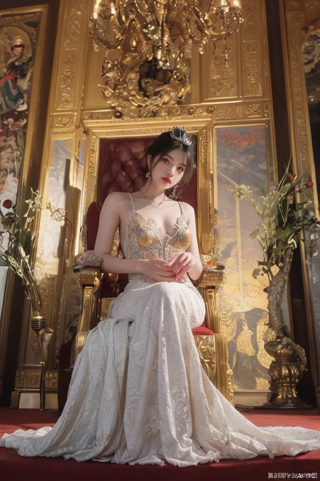 masterpiece, best quality, ultra high res, a slender, seductive Eastern beauty adorned in imperial phoenix crown and rosy clouds wedding attire, accentuating her ample bosom; poised elegantly on a red carpet leading to an ornate palace throne room, with golden dragon motifs, intricate carvings, and rich tapestries adorning the walls; evoking a regal ambiance filled with allure, captured through a dramatic low-angle shot that highlights her majestic presence, skillfully framing her against the opulent backdrop while applying soft focus techniques to emphasize the luxurious textures and detail of her attire, lit with warm tones to enhance the overall sense of grandeur and mystique.