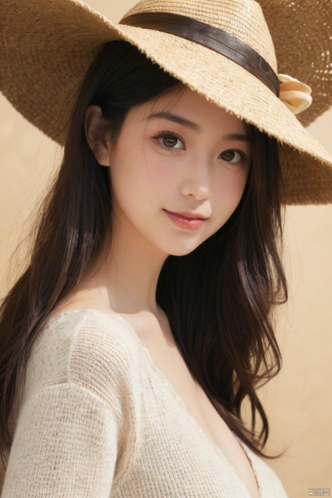 best quality, masterpiece, ultra high res,1girl, big breast, looking at viewer,pure color background,1girl, solo, long hair, looking at viewer, smile, bangs, brown hair, black hair, hat, brown eyes, upper body, from side, sweater, lips, realistic, straw hat, photo background, takei film