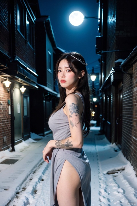 masterpiece, best quality, ultra high res; busty, heavily tattooed seductress in a body-hugging winter dress, intricate ink designs, sheer elements; snow-dusted urban alleyway, moonlit night, street art backdrop; edgy, enigmatic, alluring wintery mood; medium shot with artistic focus on tattoos and dress details, shallow depth of field, capturing the fusion of femininity, body art, and winter's mystique.