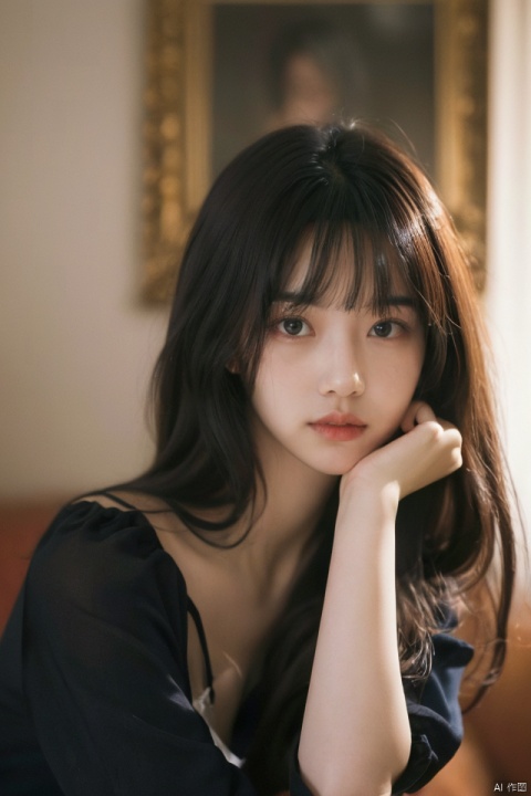  best quality,masterpiece,ultra high res,looking at viewer,simple background,portrait (object),
1girl, solo, long hair, looking at viewer, bangs, black hair, upper body, blurry, black eyes, lips, pajamas, realistic