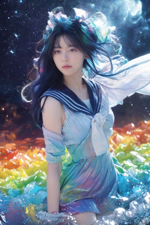 ((extremely detailed CG)),((8k_wallpaper)),(((masterpiece))),((best quality)),watercolor_(medium),((beautiful detailed starry sky)),cinmatic lighting,loli,princess,very long rainbow hair,side view,looking at viewer,full body,frills,(far from viewer),((extremely detailed face)),((an extremely delicate and beautiful girl)),((extremely detailed cute anime face)),((extremely detailed eyes)),(((extremely detailed body))),(ultra detailed),illustration,((bare stomach)),((bare shoulder)),small breast,((sideboob)),((((floating and rainbow hair)))),(((Iridescence and rainbow hair))),(((extremely detailed sailor dress))),((((Iridescence and rainbow dress)))),(Iridescence and rainbow eyes),beautiful detailed hair,beautiful detailed dress,dramatic angle,expressionless,(big top sleeves),frills,blush,(ahoge)