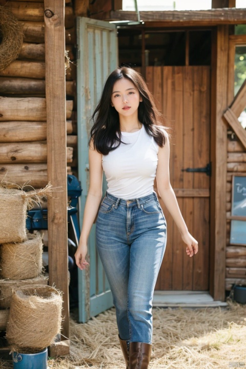 masterpiece, best quality, ultra high res, a slender beauty with ample bosom in a fitted denim outfit; standing confidently against a rustic wooden barn door, surrounded by dusty cowboy boots and hay bales, the environment exudes western charm; atmosphere is rugged yet feminine, blending sensuality with Americana; compose the shot using shallow depth of field, focusing on her striking figure while capturing the textured backdrop softly blurred, emphasizing her presence in the Wild West-inspired setting., takei film