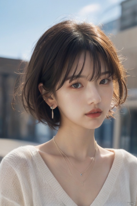  best quality,masterpiece,ultra high res,looking at viewer,simple background,portrait (object),
1girl, solo, looking at viewer, short hair, black hair, jewelry, upper body, earrings, outdoors, sky, day, necklace, black eyes, sweater, blue sky, lips, cross, messy hair, realistic