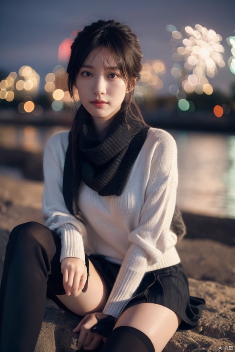  1girl,fashion model,female focus,(masterpiece, realistic, best quality, highly detailed, profession),asian,pretty,Charming eyes,exquisite facial features,bangle,sweater,scarf,skirt,black stockings,boots,sitting,night,neon,beach of city,new year,cinematic composition,,blurry,plns,sw, fireworks, hand101