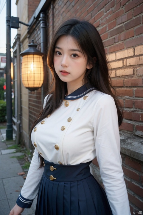 masterpiece, best quality, ultra high res, a slender, busty, alluring woman in a form-fitting sailor uniform; intricate pleats, collar and golden buttons accentuating her curves; set within a vintage, softly-lit urban backdrop of brick walls and street lamps; exuding an air of nostalgic allure and subtle seduction; captured with chiaroscuro lighting and a low angle, emphasizing the subject's confident poise.