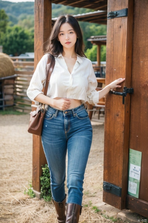 masterpiece, best quality, ultra high res, a slender beauty with ample bosom in a fitted denim outfit; standing confidently against a rustic wooden barn door, surrounded by dusty cowboy boots and hay bales, the environment exudes western charm; atmosphere is rugged yet feminine, blending sensuality with Americana; compose the shot using shallow depth of field, focusing on her striking figure while capturing the textured backdrop softly blurred, emphasizing her presence in the Wild West-inspired setting., takei film