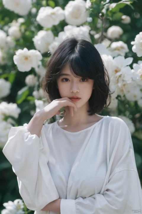 best quality, masterpiece, ultra high res,1girl, big breast, looking at viewer,pure color background,1girl, solo, looking at viewer, short hair, shirt, black hair, long sleeves, closed mouth, white shirt, upper body, flower, black eyes, lips, white flower, realistic