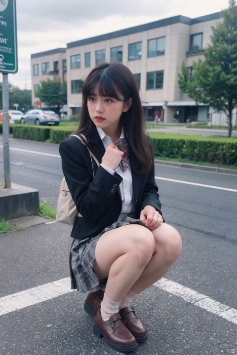 original,1girl,solo,black hair,skirt,squatting,shy blush,lipstick,wearing 50d black velvet pantyhose,pantyhose,bag,community roadside,shoes,grey skirt,loafers,looking at viewer,brown eyes,school uniform,backpack,jacket,bangs,long hair,plaid,full body,brown footwear,plaid skirt,long sleeves,pleated skirt,blazer,bowtie,closed mouth,miniskirt,,,,