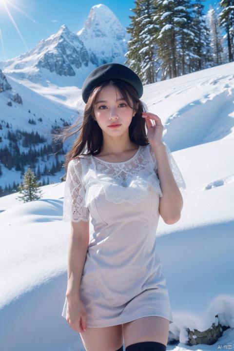  masterpiece, best quality, ultra high res, a busty beauty in a lacy, short dress, black stockings, and a beret, the woman poses in a snowy mountain landscape, the crisp air and bright sunshine create a romantic and chilly atmosphere