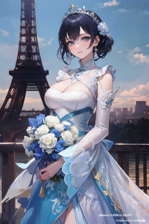 best quality, masterpiece, ultra high res,1girl, big breast, looking at viewer,pure color background, A masterpiece of a beautiful woman wearing a transparent dress captured in the best quality and ultra-high resolution, set against the backdrop of Paris. The dress elegantly reveals her silhouette, with intricate embroidery and delicate fabric. She stands in front of the iconic Eiffel Tower, surrounded by the charm of Parisian architecture and romantic ambiance. The scene emanates sophistication and allure, immersing viewers in the romantic atmosphere of the city. The camera lens skillfully frames her, utilizing unique angles and composition to capture the essence of beauty and the allure of Paris.yosshi film, , sanguowushuang style