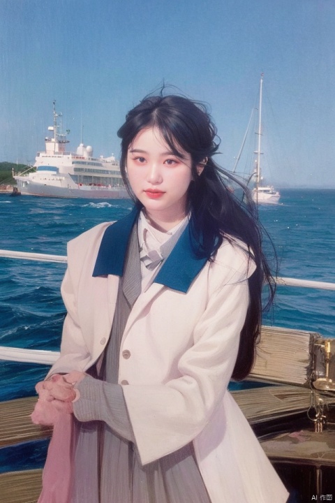 best quality,masterpiece,ultra high res,looking at viewer,simple background,studio light,makeup portrait,pink eyeshadow,
the half-updo beauty,wearing a naval uniform,standing on the deck of a warship with the sea breeze blowing through her hair,
the sun is shining brightly,reflecting off the waves and creating a sparkling sea around the ship, 
, caiqian