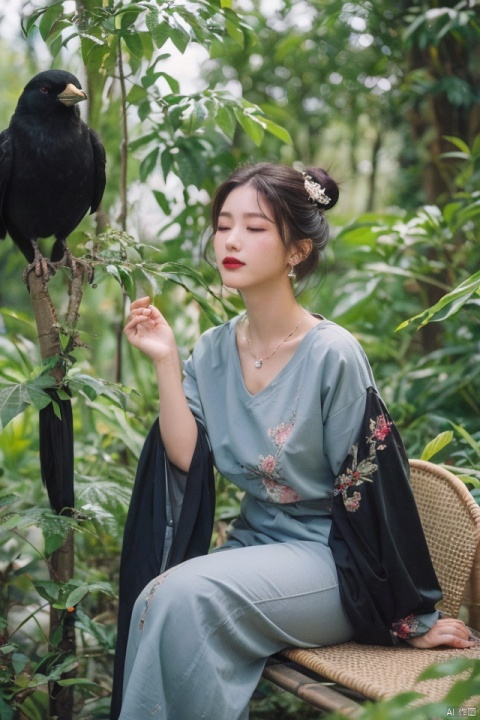masterpiece, best quality, 1girl, solo, black hair, hair ornament, long sleeves, dress, jewelry, sitting, closed mouth, closed eyes, earrings, wide sleeves, necklace, hair bun, makeup, bird, facial mark, chinese clothes, single hair bun, branch, red lips, crow, updo, bird on hand,