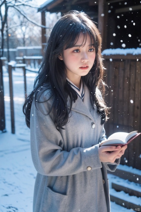 cowboy_shot,huge filesize,traditional_media,1girl,teenager,shinda_sekai_sensen_uniform,glamor,black eyes,silver hair,crying_with_eyes_open,light_blush,open_book,in winter,snowing,rim light,available light,fantasy,,,