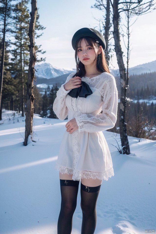  masterpiece, best quality, ultra high res, a busty beauty in a lacy, short dress, black stockings, and a beret, the woman poses in a snowy mountain landscape, the crisp air and bright sunshine create a romantic and chilly atmosphere