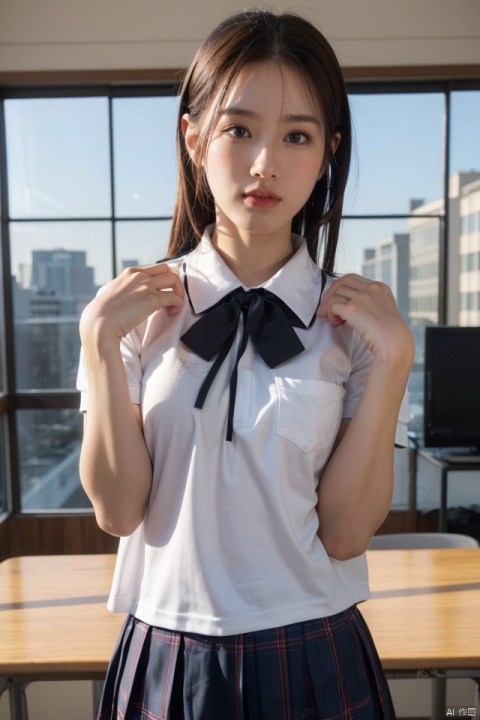 masterpiece,best quality,ultra high res,school uniform,plaid skirt,JKseifuku:1.2, school uniform,JKseifuku