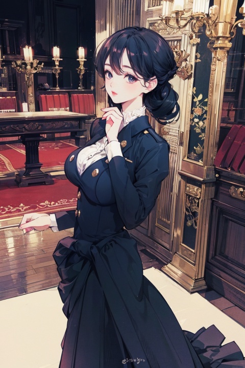 best quality, masterpiece, ultra high res,1girl, big breast, looking at viewer,pure color background,a beautiful woman in a black dress,military uniform,detailed description of the outfit,including the texture and design of the dress,a formal and elegant setting,such as a ballroom or a military ceremony,the atmosphere is prestigious and respectful,the lighting is soft and warm,a professional photographer’s lens,Composition language, YHM style, 