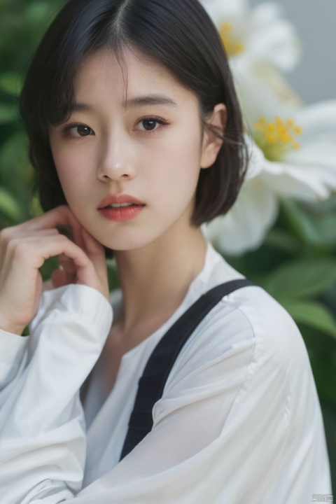 best quality, masterpiece, ultra high res,1girl, big breast, looking at viewer,pure color background,1girl, solo, looking at viewer, short hair, shirt, black hair, long sleeves, closed mouth, white shirt, upper body, flower, black eyes, lips, white flower, realistic