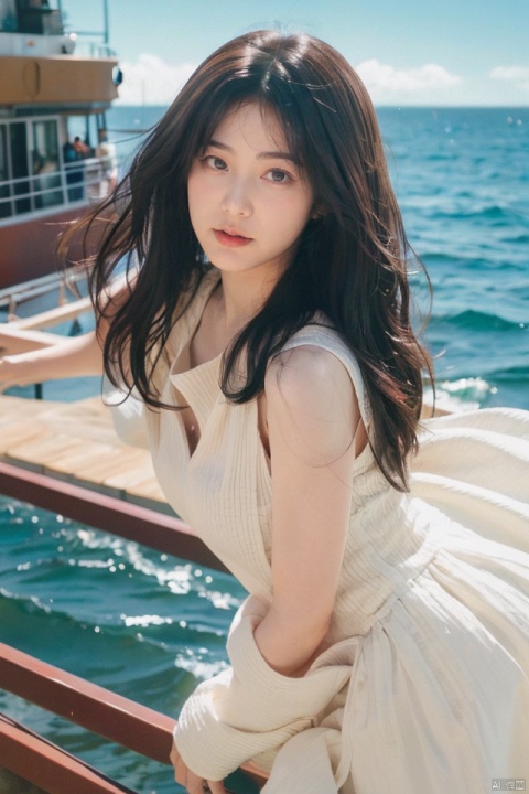 best quality,masterpiece,ultra high res,looking at viewer,simple background,studio light,makeup portrait,pink eyeshadow,
the half-updo beauty,wearing a naval uniform,standing on the deck of a warship with the sea breeze blowing through her hair,
the sun is shining brightly,reflecting off the waves and creating a sparkling sea around the ship, 
, caiqian, 