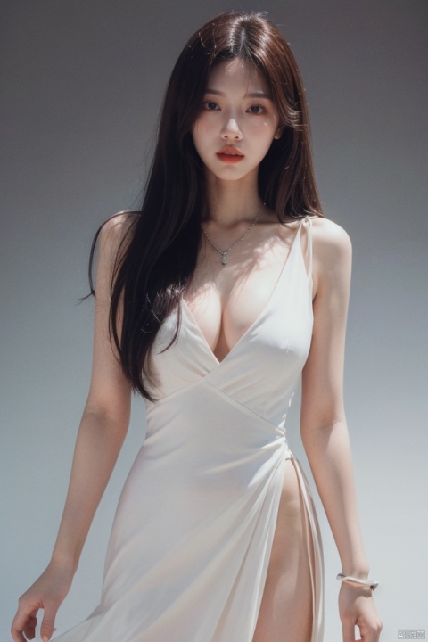 best quality, masterpiece, ultra high res,1girl, big breast,, looking at viewer,pure color background。
1girl, solo, long hair, looking at viewer, brown hair, black hair, dress, jewelry, necklace, white dress, bracelet, lips, plant, realistic, film1