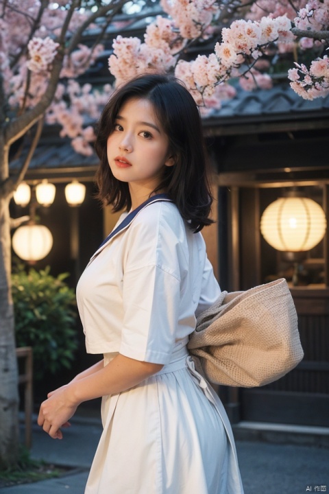 masterpiece, best quality, ultra high res; a slender, busty, and seductive woman in a crisp sailor uniform, emphasizing curves and intricate details; set within a vintage Japanese street scene at twilight, with cherry blossoms and lanterns illuminating her presence; the atmosphere evokes a blend of sultry sophistication and nostalgic whimsy, captured through a dramatic low-angle shot with a shallow depth of field that accentuates her gaze and form, harmoniously framing her against the traditional backdrop.