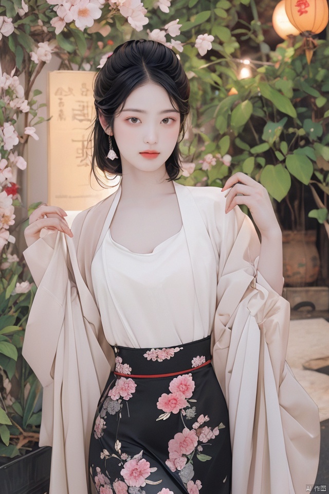 masterpiece, best quality, ultra high res, a slender and alluring Eastern beauty with ample cleavage, standing confidently in traditional silk attire, intricate embroidery details on the fabric catching the soft ambient light; set against a backdrop of an ancient Chinese garden at dusk, cherry blossom trees in bloom, lanterns softly illuminating the serene environment; exuding grace and sensuality, captured with a masterful composition using depth of field to emphasize her figure while maintaining the delicate balance of the scene, utilizing warm golden hour lighting to enhance the overall visual allure.