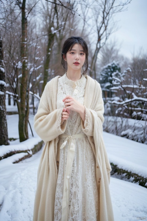 masterpiece, best quality, ultra high res, a beautiful woman in a lace dress in the winter snow, detailed description of the woman and dress, snow-covered environment, romantic and dreamy atmosphere,