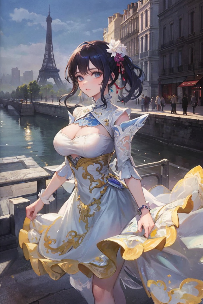 best quality, masterpiece, ultra high res,1girl, big breast, looking at viewer,pure color background, A masterpiece of a beautiful woman wearing a transparent dress captured in the best quality and ultra-high resolution, set against the backdrop of Paris. The dress elegantly reveals her silhouette, with intricate embroidery and delicate fabric. She stands in front of the iconic Eiffel Tower, surrounded by the charm of Parisian architecture and romantic ambiance. The scene emanates sophistication and allure, immersing viewers in the romantic atmosphere of the city. The camera lens skillfully frames her, utilizing unique angles and composition to capture the essence of beauty and the allure of Paris.yosshi film, , sanguowushuang style