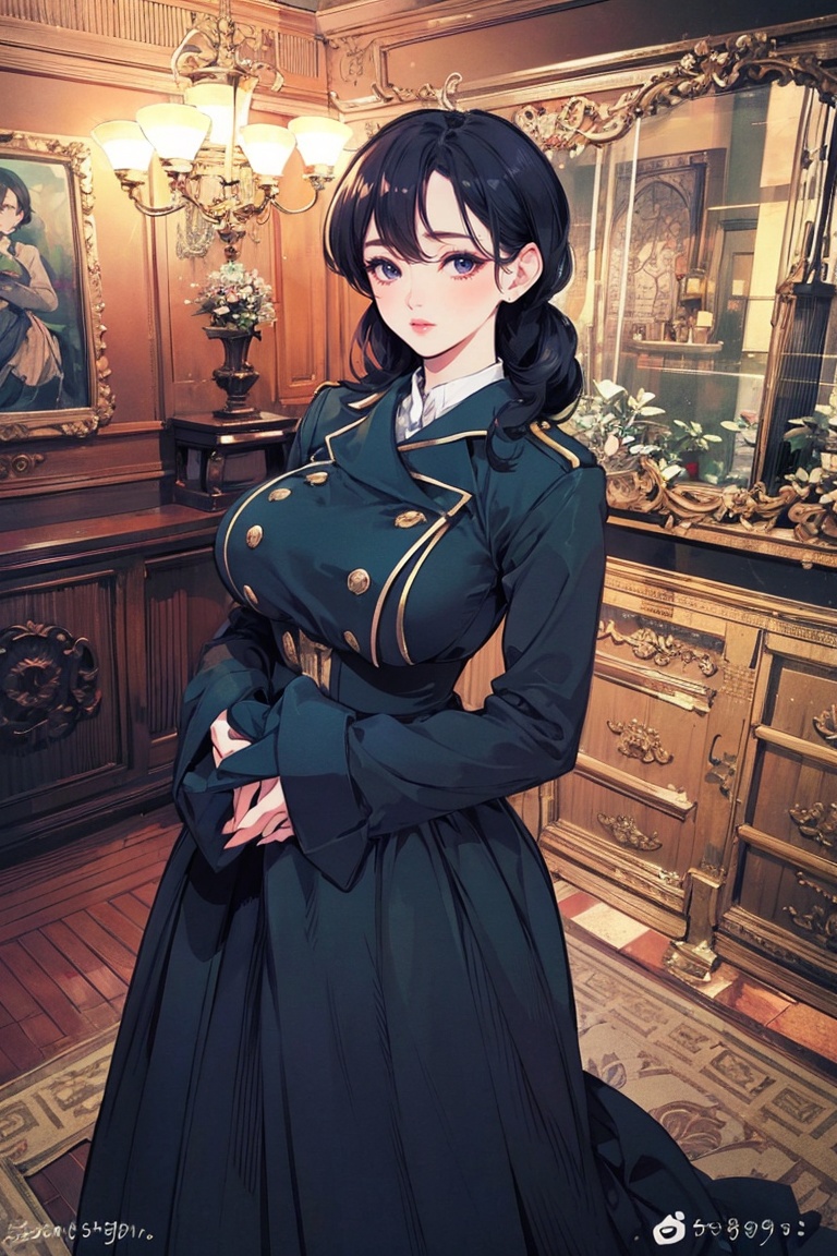 best quality, masterpiece, ultra high res,1girl, big breast, looking at viewer,pure color background,a beautiful woman in a black dress,military uniform,detailed description of the outfit,including the texture and design of the dress,a formal and elegant setting,such as a ballroom or a military ceremony,the atmosphere is prestigious and respectful,the lighting is soft and warm,a professional photographer’s lens,Composition language, YHM style, 