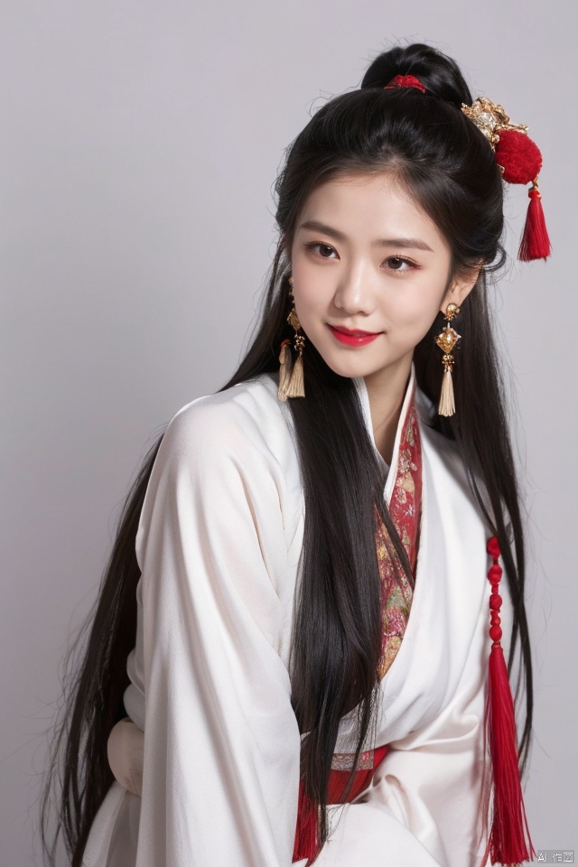  1girl, solo, long hair, looking at viewer, smile, simple background, black hair, hair ornament, white background, jewelry, closed mouth, upper body, earrings, makeup, chinese clothes, red lips, tassel earrings, hanfu, realistic