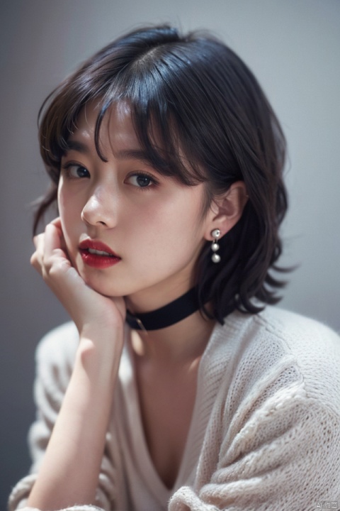 best quality, masterpiece, ultra high res,1girl, big breast, looking at viewer,pure color background, 1girl, solo, looking at viewer, short hair, shirt, black hair, jewelry, upper body, earrings, parted lips, choker, striped, necklace, black eyes, lips, hand in own hair, striped shirt, realistic, red lips.yosshi film, 