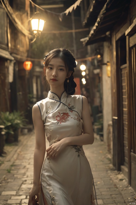 
best quality,masterpiece,ultra high res,looking at viewer,simple background,portrait (object), masterpiece, best quality, ultra high res, a poised beauty in a traditional qipao dress, exquisitely embroidered with dragons, gracing a vintage Shanghai alley, illuminated by the soft glow of lanterns casting long shadows, evoking a nostalgic, mysterious mood, shot with a telephoto lens for intimate portraiture, isolating her amidst the ambient hustle, capturing the essence of timelessness.