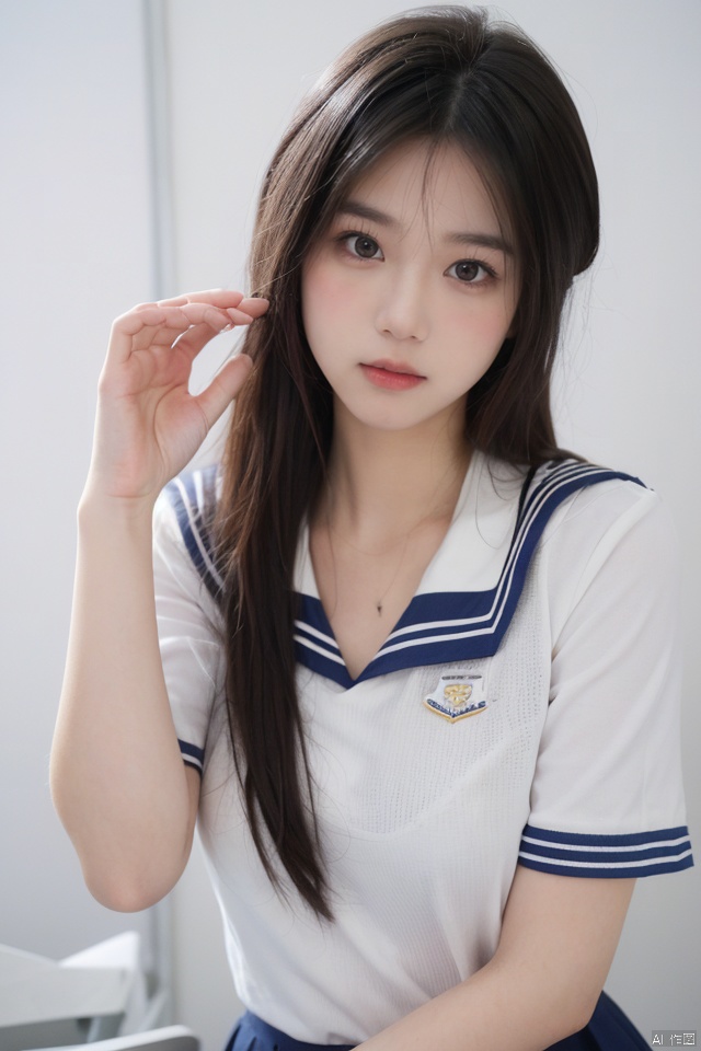 masterpiece, best quality, ultra high res; a slender, busty schoolgirl in form-fitting sailor uniform; precise outfit details, large bust emphasis, pristine white backdrop; alluring yet sophisticated ambience, hinting at nostalgia; balanced composition, soft focus on facial expression, highlighting figure and uniform's texture, evoking a sensual, yet nostalgic, high fashion school-themed portrait.