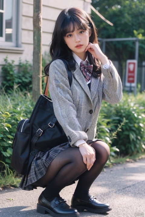 original,1girl,solo,black hair,skirt,squatting,shy blush,lipstick,wearing 50d black velvet pantyhose,pantyhose,bag,community roadside,shoes,grey skirt,loafers,looking at viewer,brown eyes,school uniform,backpack,jacket,bangs,long hair,plaid,full body,brown footwear,plaid skirt,long sleeves,pleated skirt,blazer,bowtie,closed mouth,miniskirt,,,,