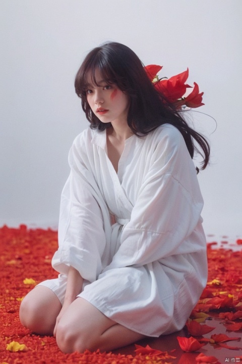 1girl, red eyes, white long translucent night gown, expressionless, (white hair), hair cover one eye, long hair, red hair flower, kneeling on lake, blood, (plenty of red petals:1.35), (white background:1.5), 