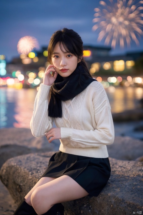  1girl,fashion model,female focus,(masterpiece, realistic, best quality, highly detailed, profession),asian,pretty,Charming eyes,exquisite facial features,bangle,sweater,scarf,skirt,black stockings,boots,sitting,night,neon,beach of city,new year,cinematic composition,,blurry,plns,sw, fireworks, hand101