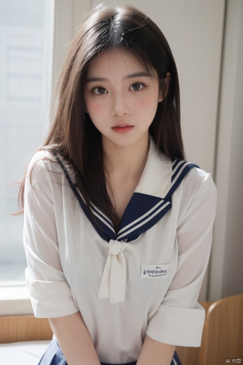 masterpiece, best quality, ultra high res; a slender, busty schoolgirl in form-fitting sailor uniform; precise outfit details, large bust emphasis, pristine white backdrop; alluring yet sophisticated ambience, hinting at nostalgia; balanced composition, soft focus on facial expression, highlighting figure and uniform's texture, evoking a sensual, yet nostalgic, high fashion school-themed portrait.