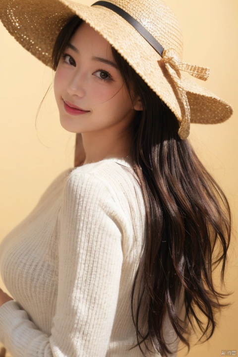 best quality, masterpiece, ultra high res,1girl, big breast, looking at viewer,pure color background,1girl, solo, long hair, looking at viewer, smile, bangs, brown hair, black hair, hat, brown eyes, upper body, from side, sweater, lips, realistic, straw hat, photo background, takei film