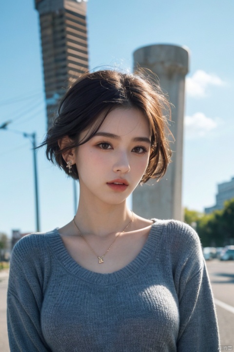 best quality, masterpiece, ultra high res,1girl, big breast, looking at viewer,pure color background,
1girl, solo, looking at viewer, short hair, black hair, jewelry, upper body, earrings, outdoors, sky, day, necklace, black eyes, sweater, blue sky, lips, cross, messy hair, realistic.yosshi film 