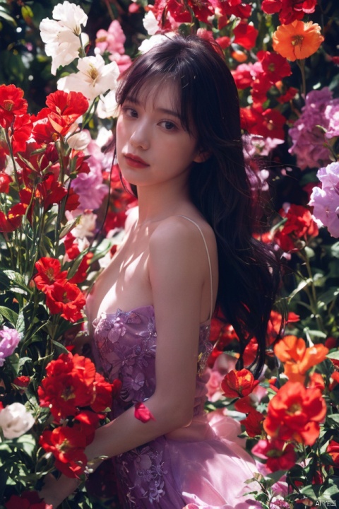 1girl, long hair, flower, Lisianthus, in the style of red and light azure, dreamy and romantic compositions, red, ethereal foliage, playful arrangements, fantasy, high contrast, ink strokes, explosions, over exposure, purple and red tone impression, abstract, whole body capture,
